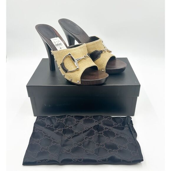 Gucci Horsebit Mules Neutral Wooden Slides Heels Sandals Size 9 - Picture 1 of 12